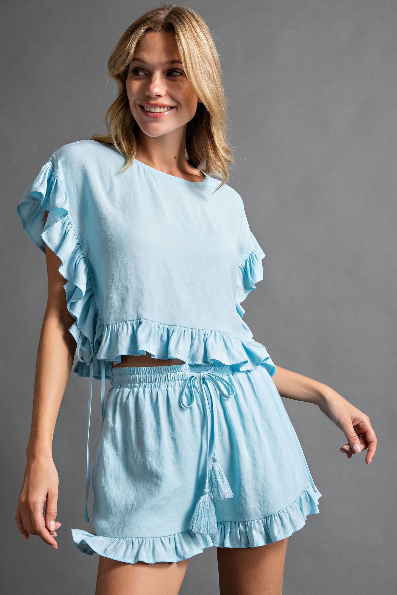 Ruffled Detailing Crepe Crop Top in Sky Blue
