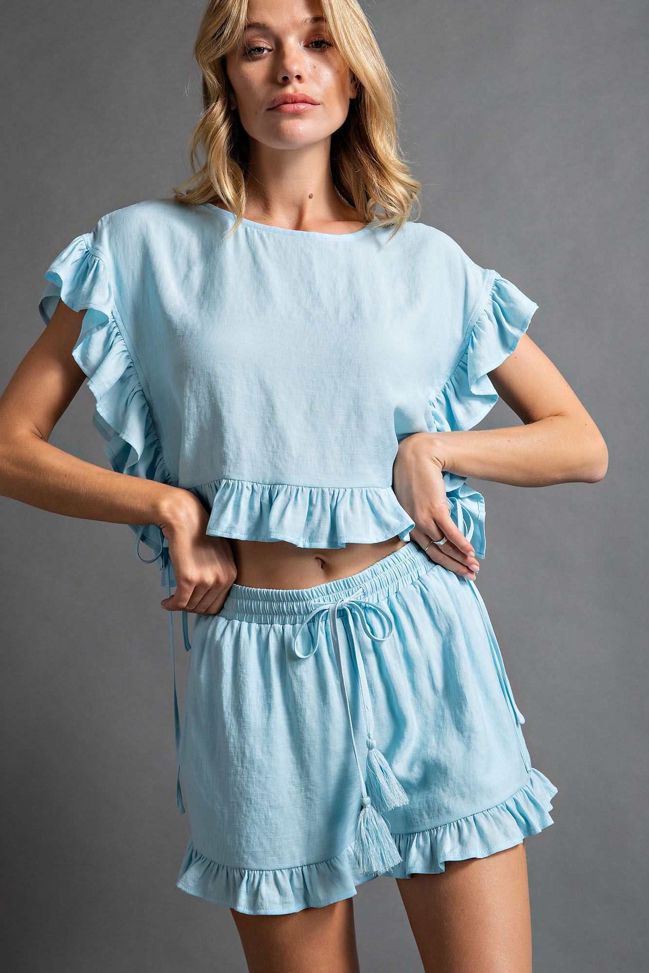 Ruffled Detailing Crepe Crop Top in Sky Blue