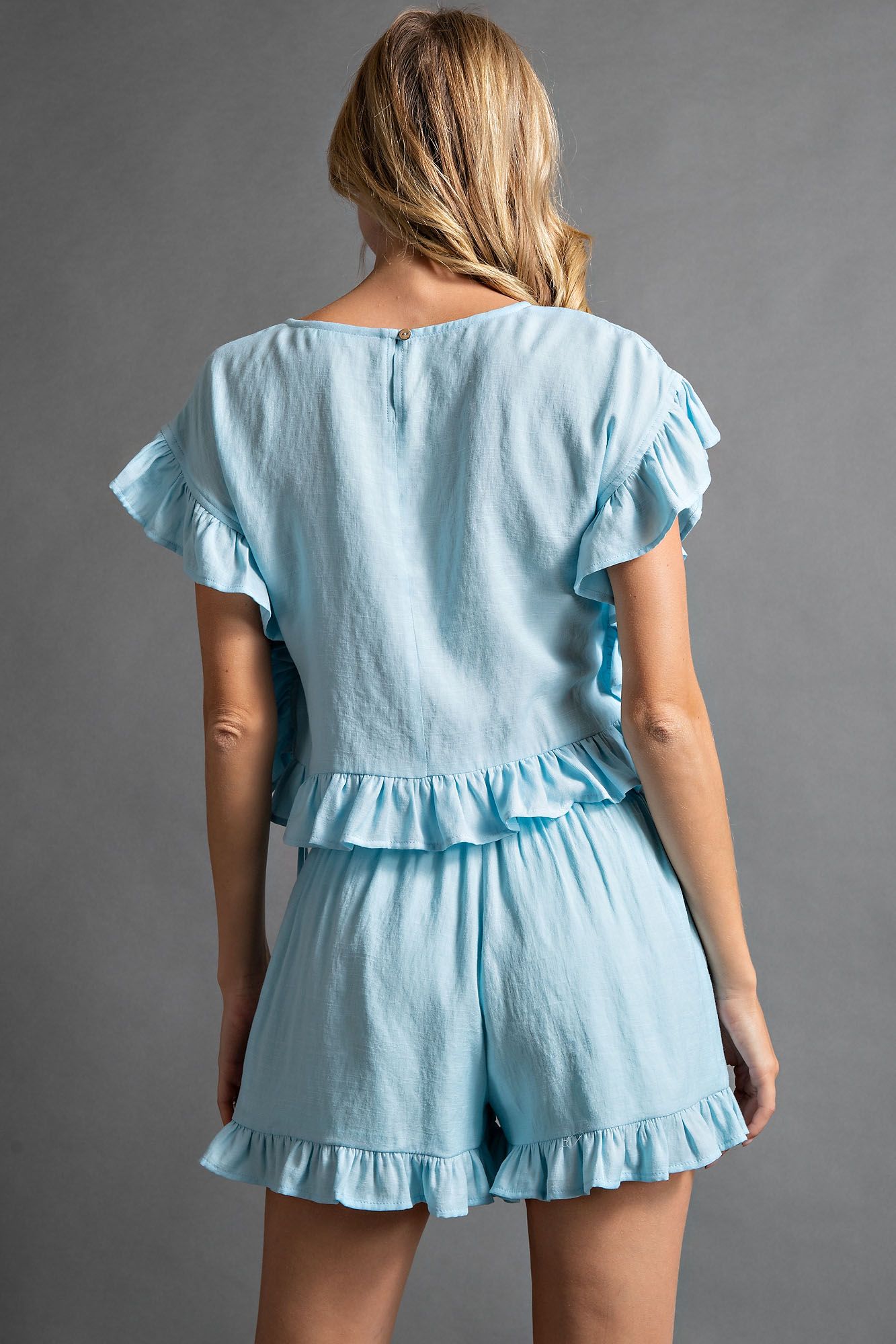 Ruffled Detailing Crepe Crop Top in Sky Blue