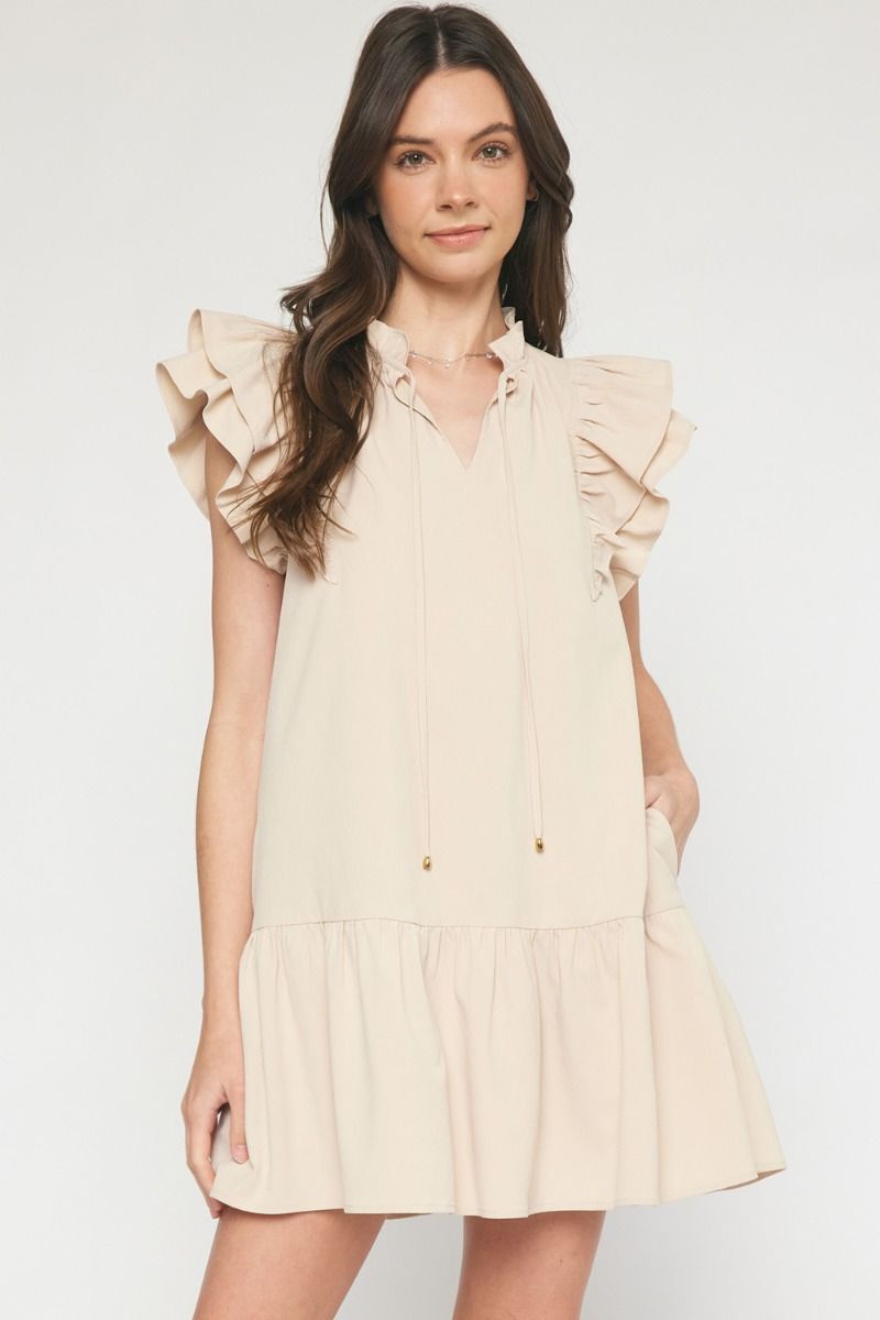 V-neck ruffle sleeve tiered mini dress