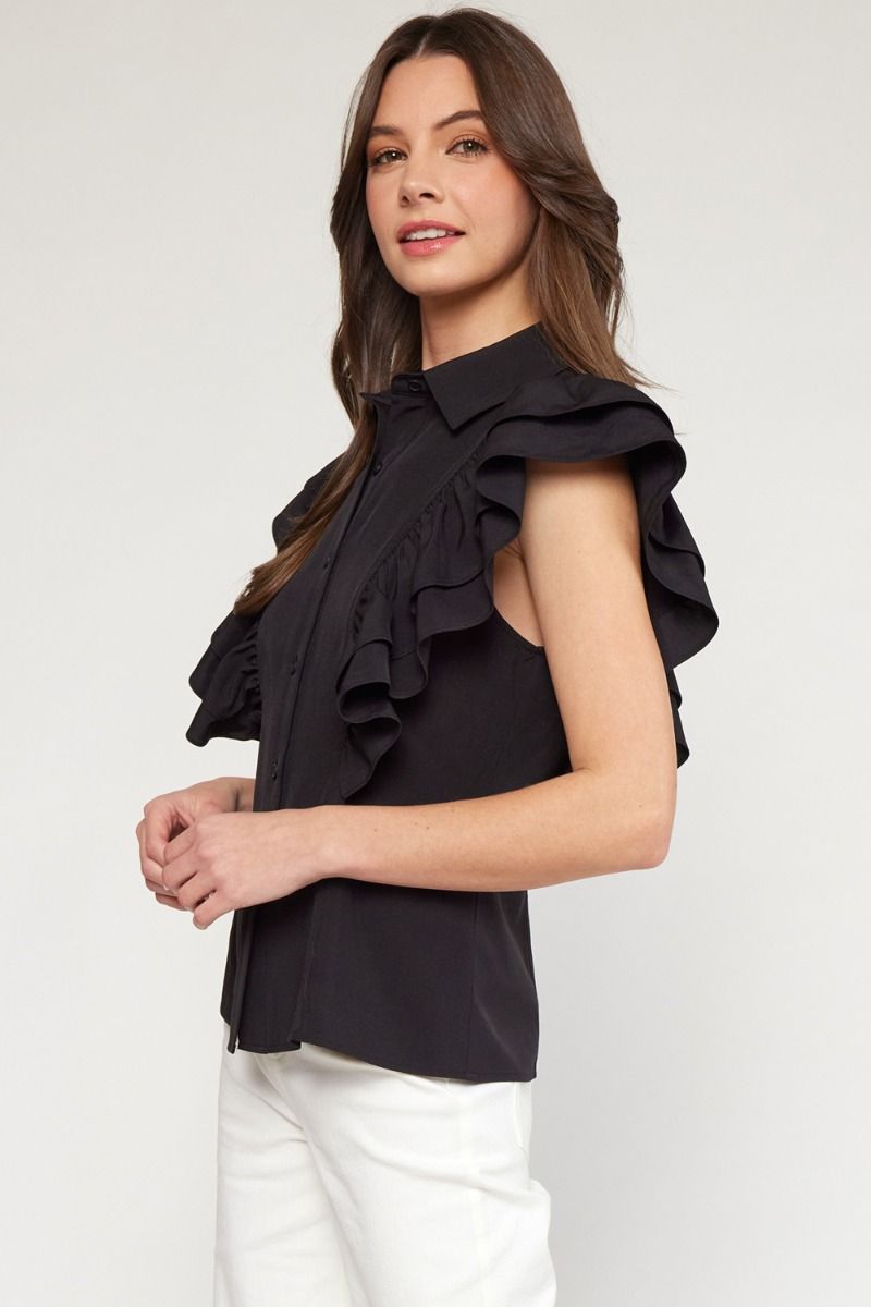 Collared button up top with ruffle in 3 colors