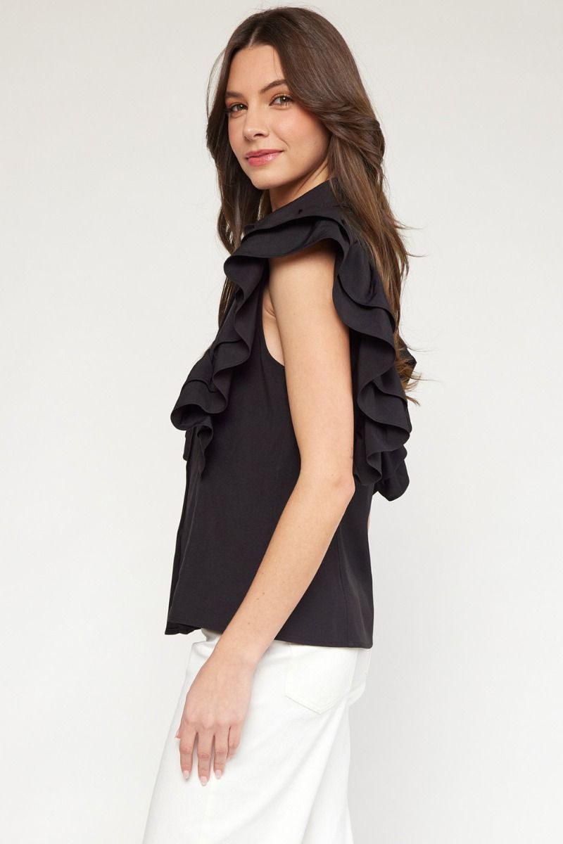 Collared button up top with ruffle in 3 colors