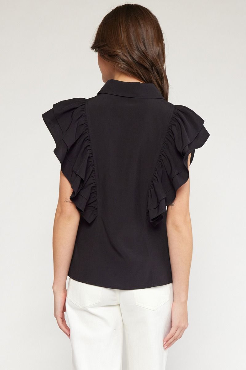 Collared button up top with ruffle in 3 colors