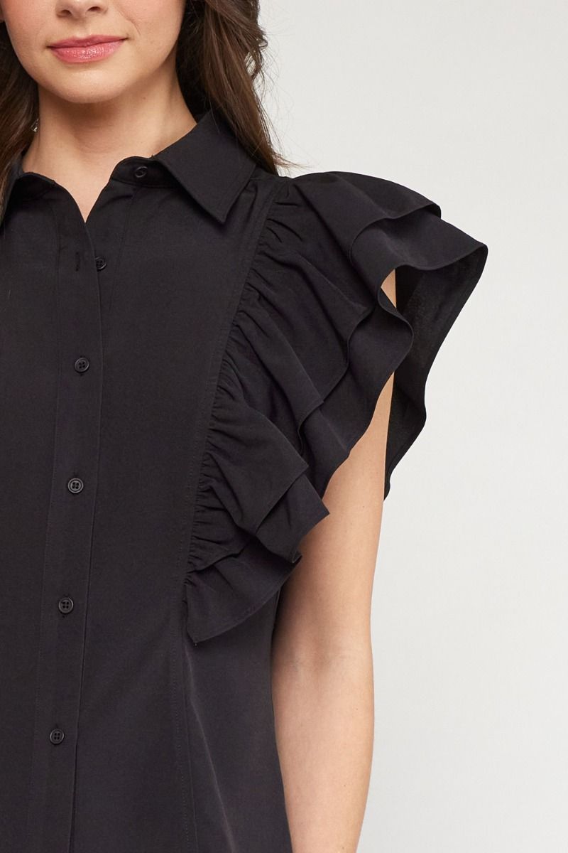 Collared button up top with ruffle in 3 colors
