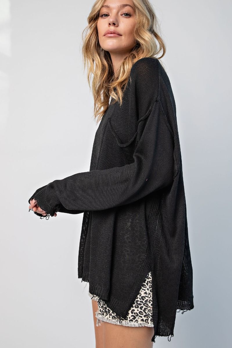Long Sleeve Knit Pullover Top in Black