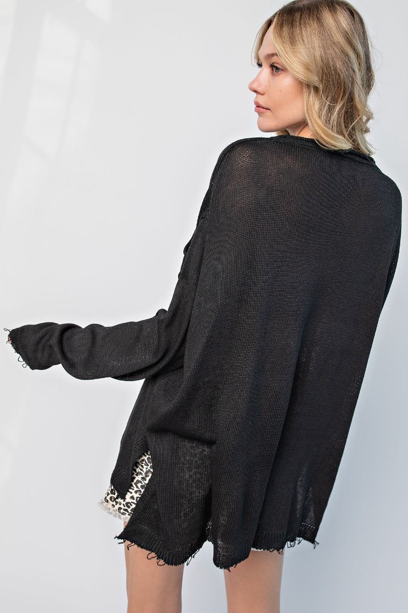 Long Sleeve Knit Pullover Top in Black