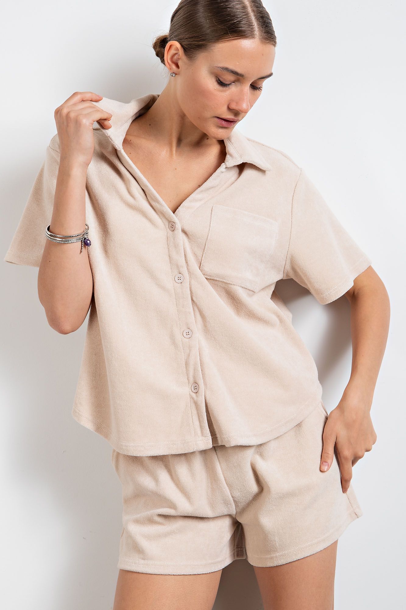 Button Down Short Sleeve Terry Towel Shirt in 3 Colors
