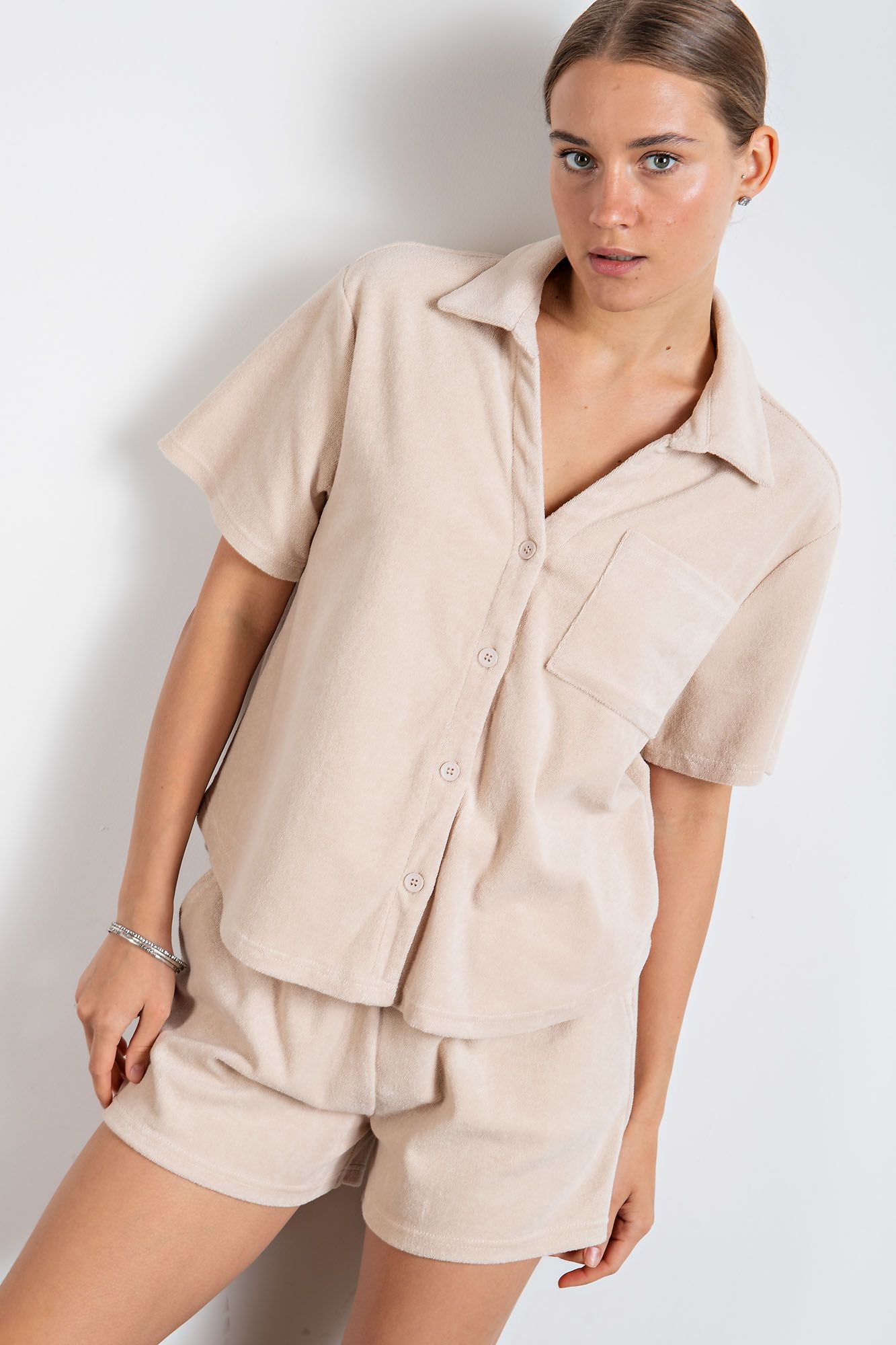 Button Down Short Sleeve Terry Towel Shirt in 3 Colors