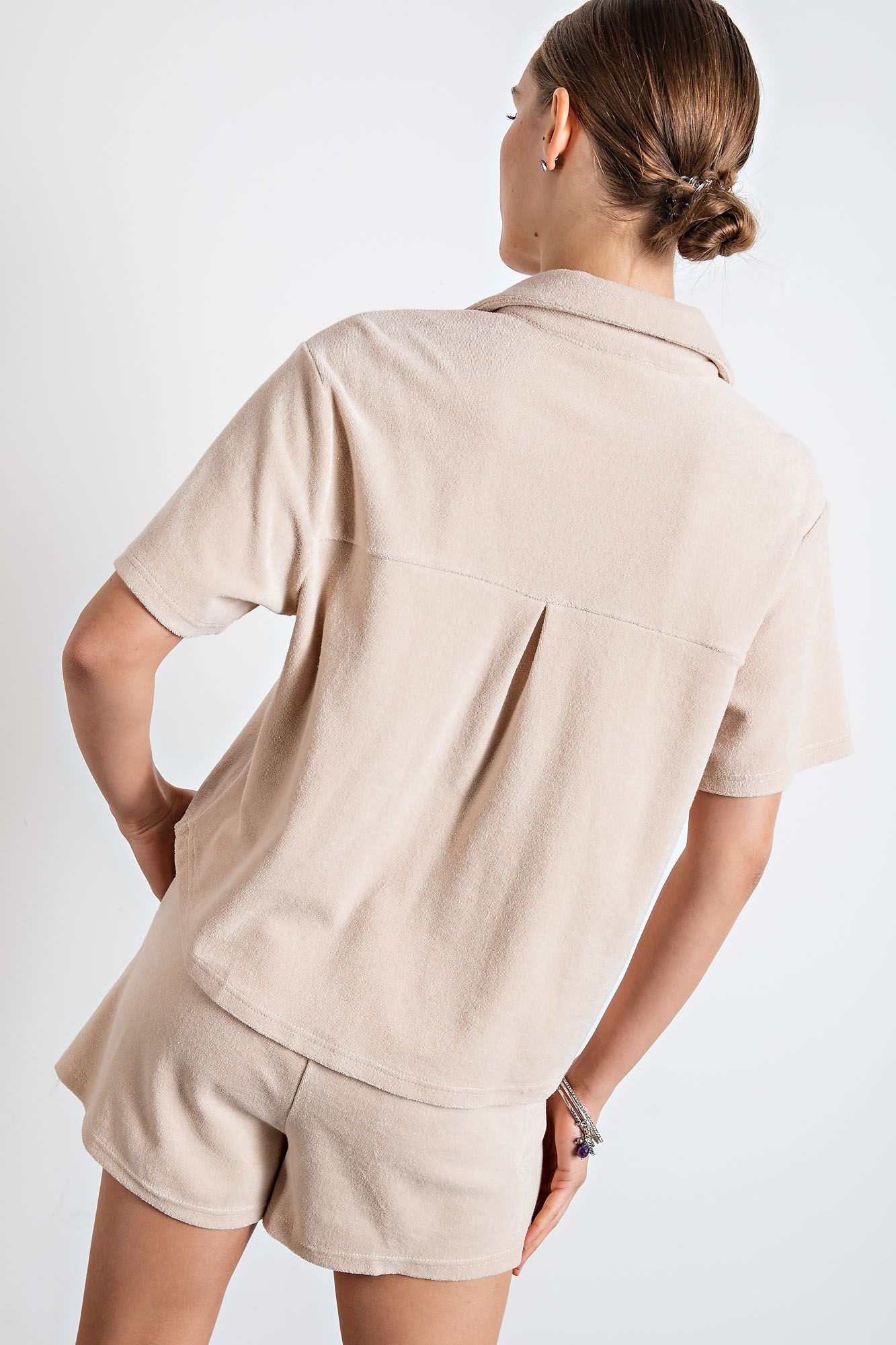 Button Down Short Sleeve Terry Towel Shirt in 3 Colors