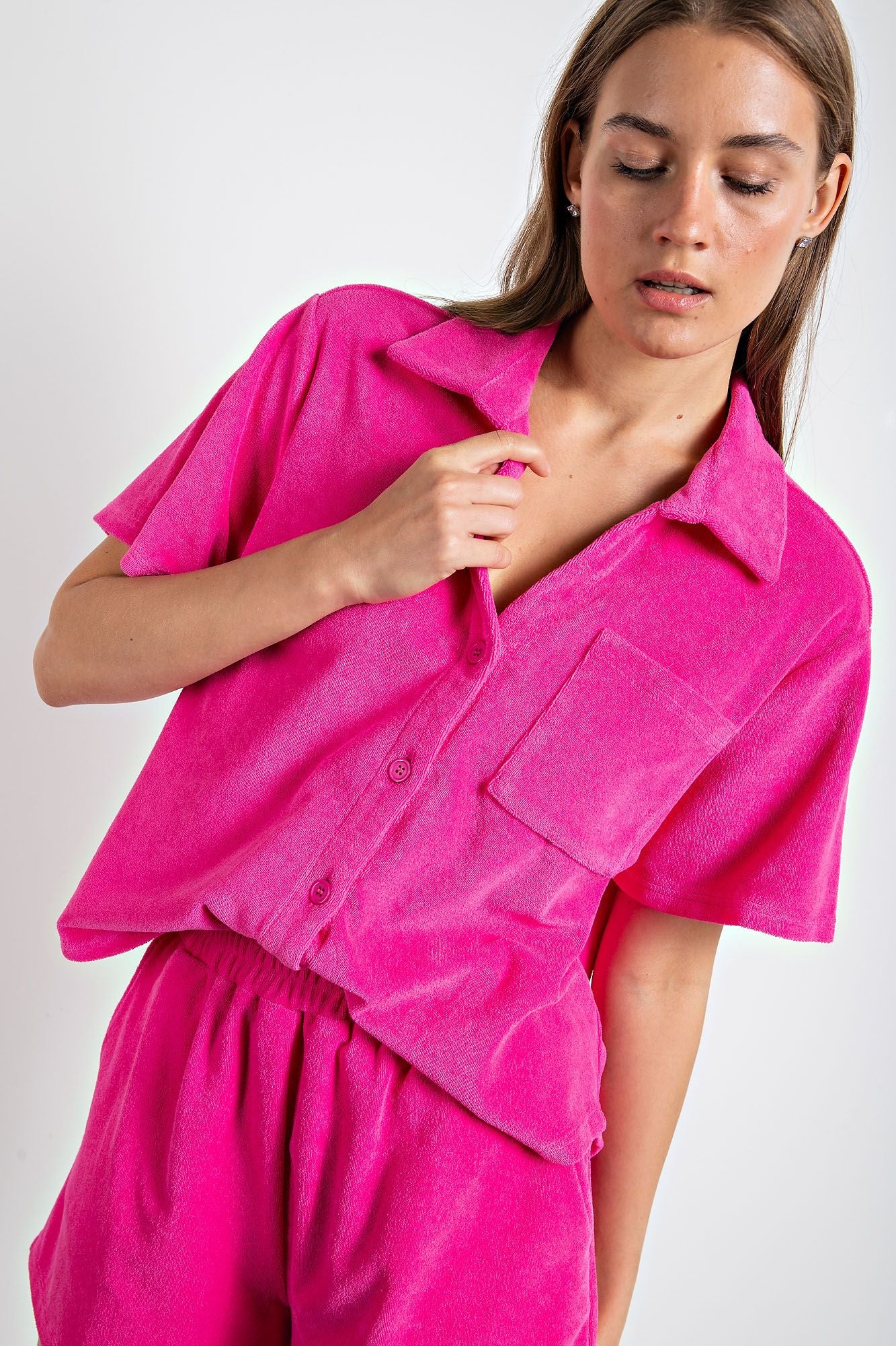 Button Down Short Sleeve Terry Towel Shirt in 3 Colors