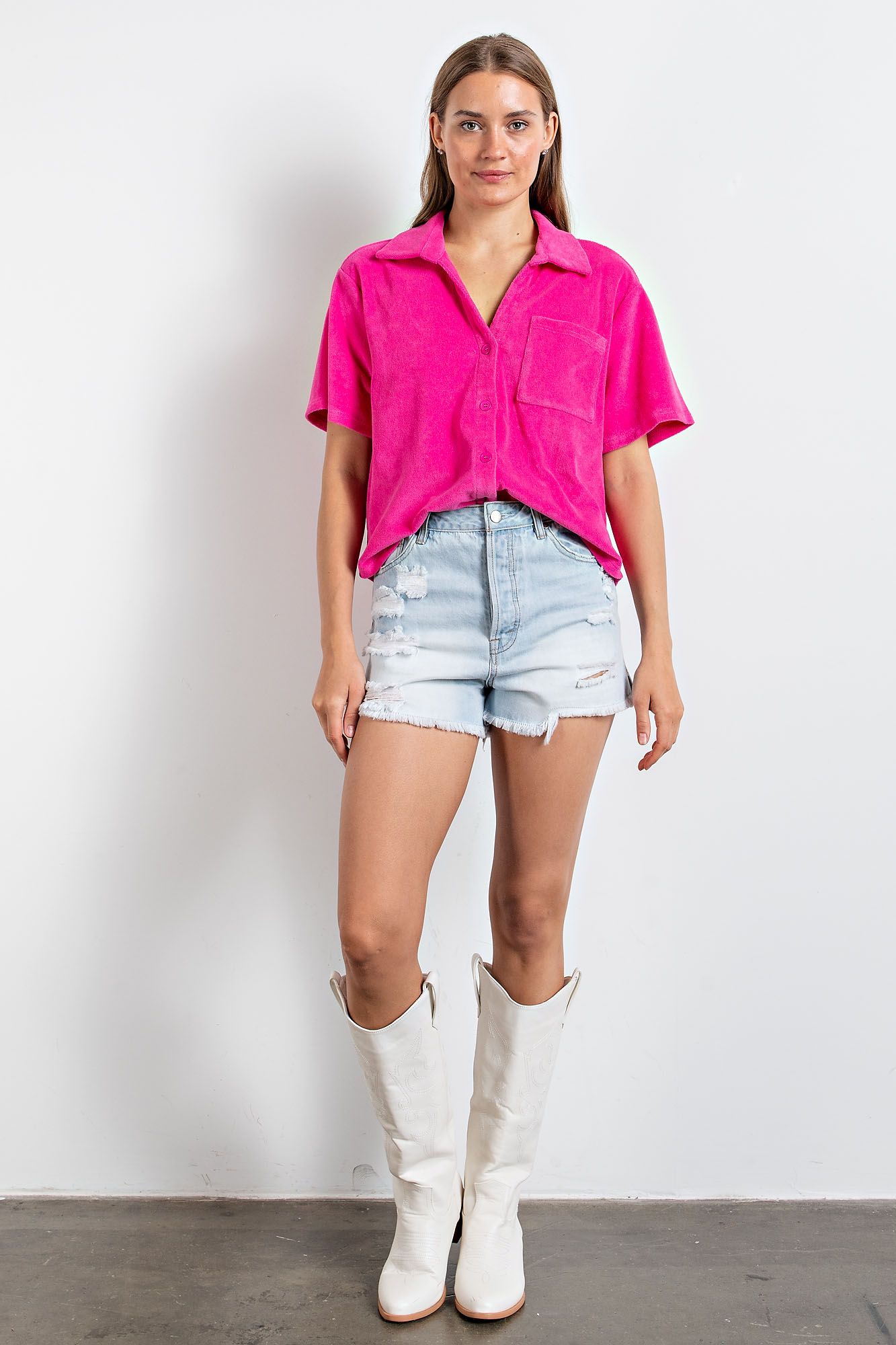 Button Down Short Sleeve Terry Towel Shirt in 3 Colors