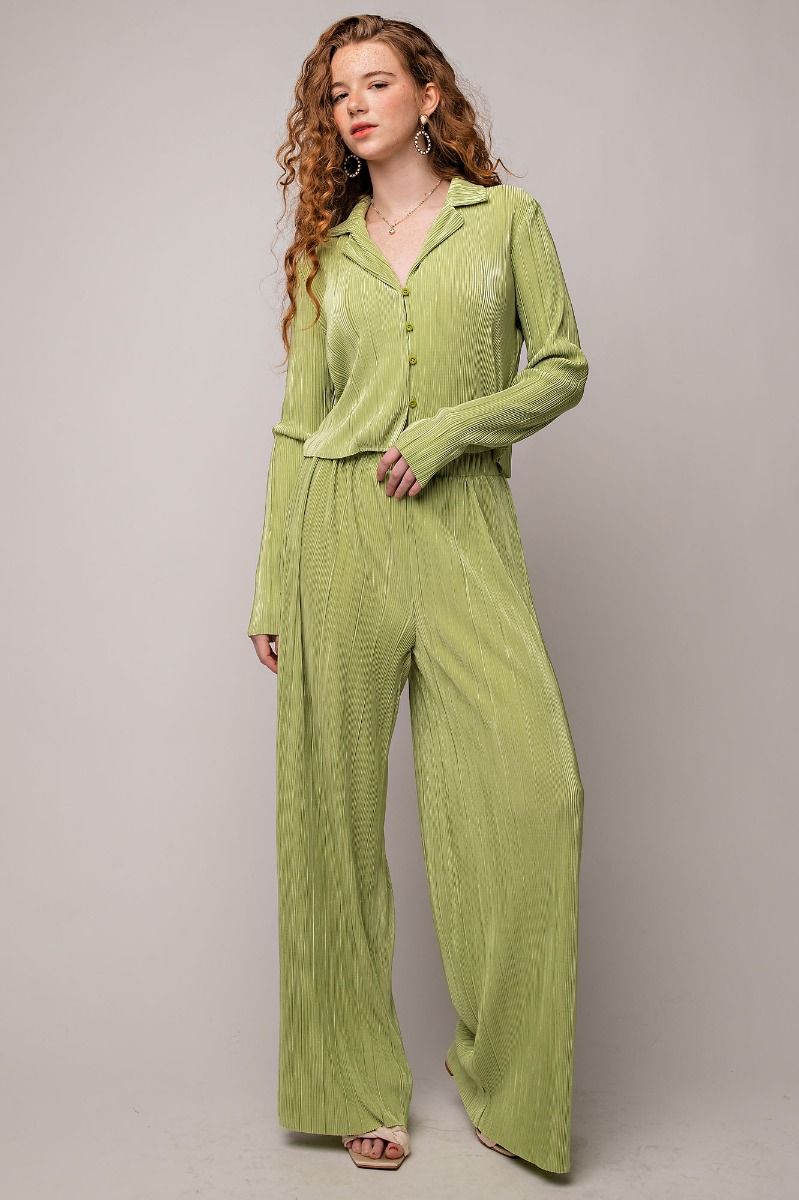Pleated Satin Button Down Shirt Top and Pants Set in Pear Green