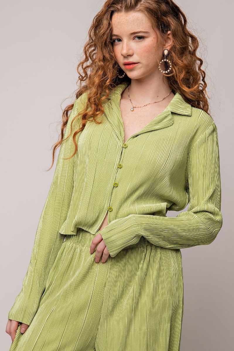Pleated Satin Button Down Shirt Top and Pants Set in Pear Green