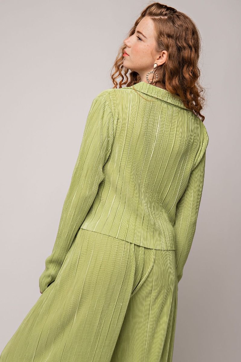 Pleated Satin Button Down Shirt Top and Pants Set in Pear Green