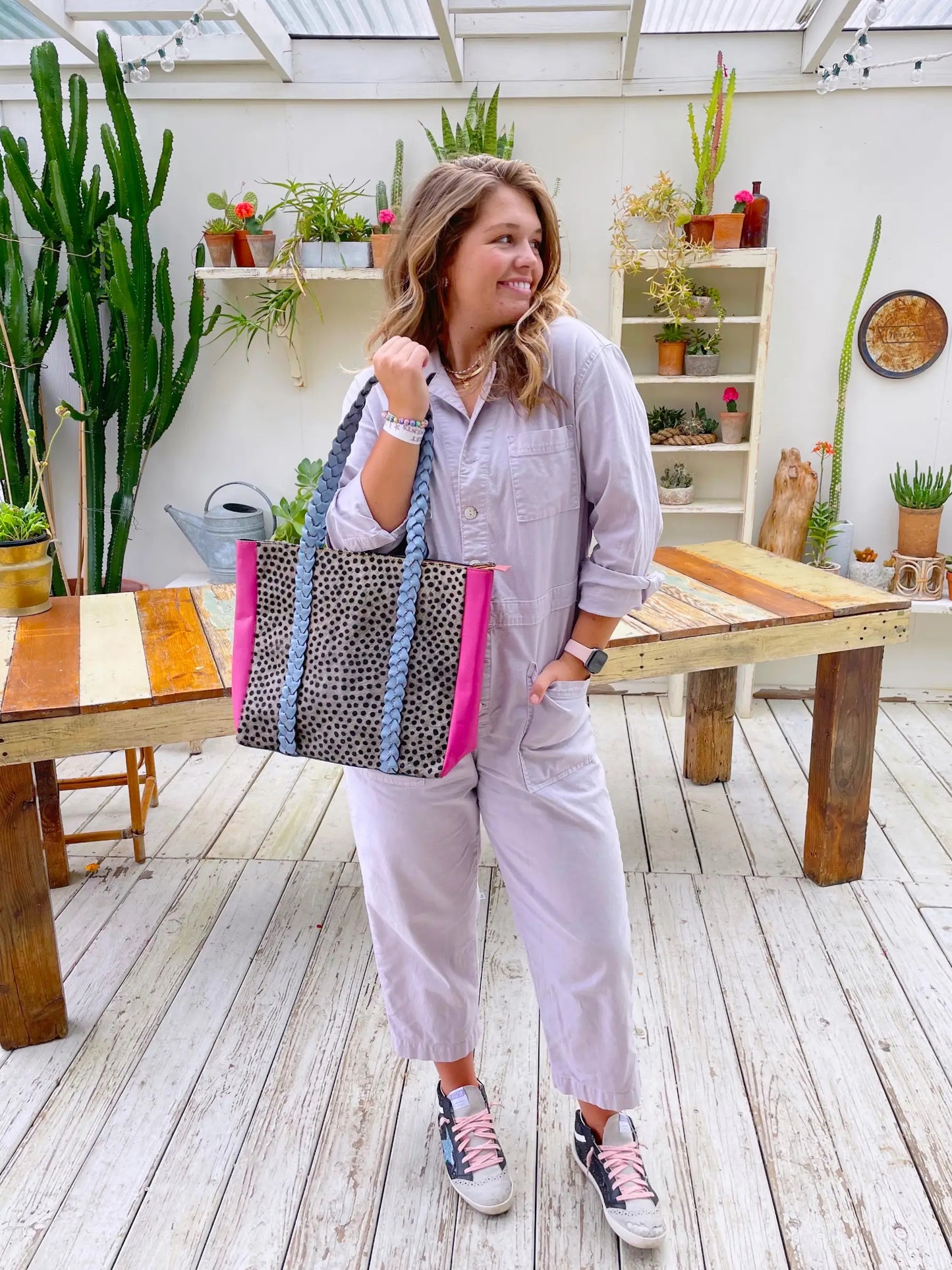 Joli Leather Hair on Hide Braided Handle Tote Bag Purse