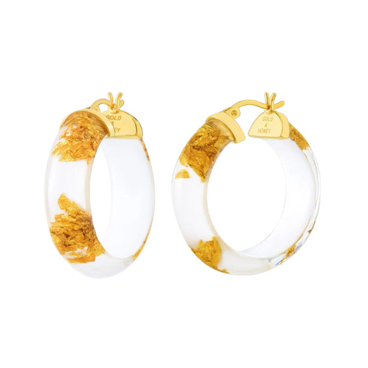 1.25" White 24K Gold Leaf Hoop Earrings