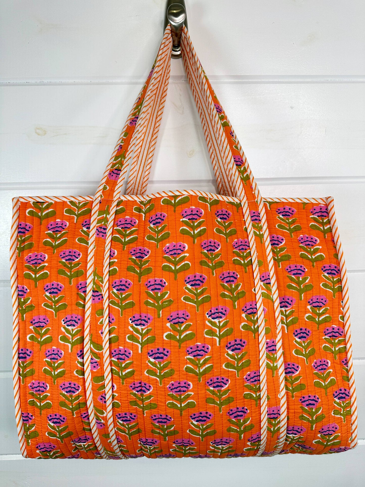 Quilted Tote Bag | Orange Floral Bag | Large Shopping Tote