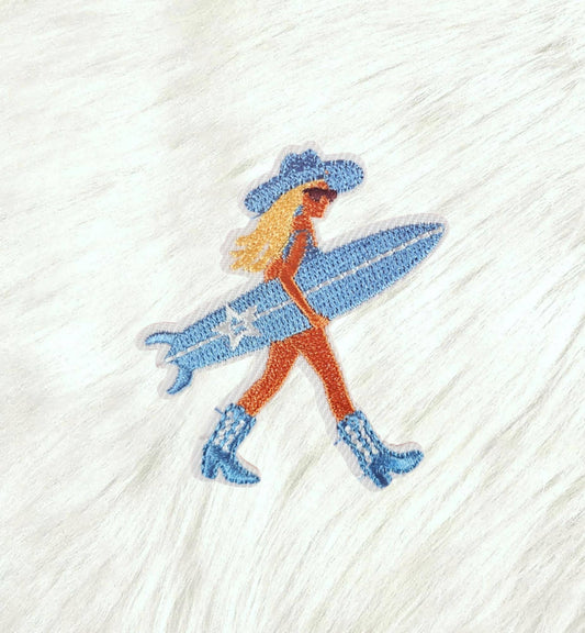 Blue Coastal Cowgirl Beach w/ Surfboard Iron On Patch