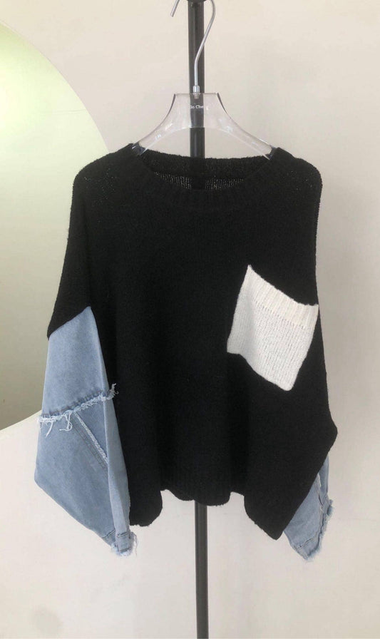 Denim sleeve knit sweater in 3 Colors