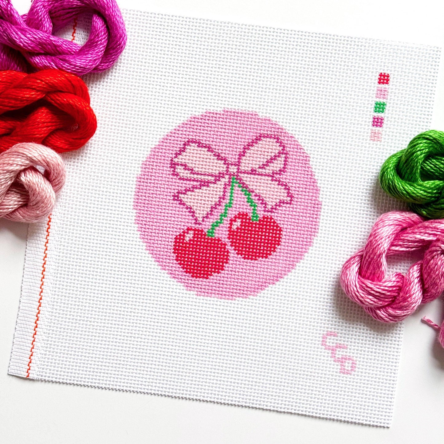 Cherry Bow Needlepoint Canvas, 13 Mesh, Beginner Needlepoint Round, Needlepoint Ornament, Needlepoint Coquette