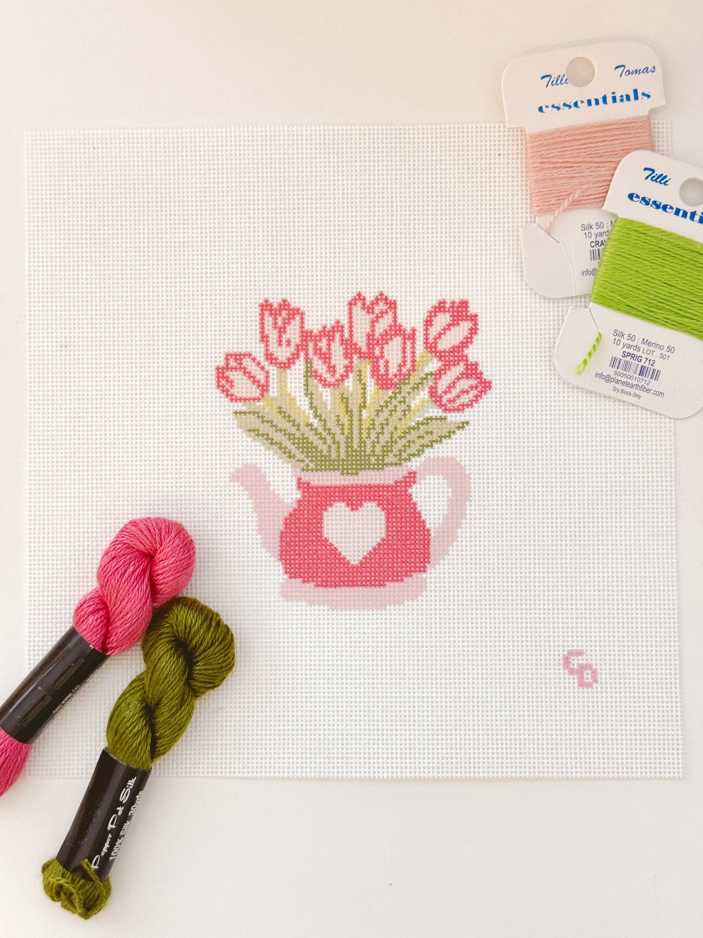 Heart Flower Teapot Needlepoint Canvas, 3”x4"
