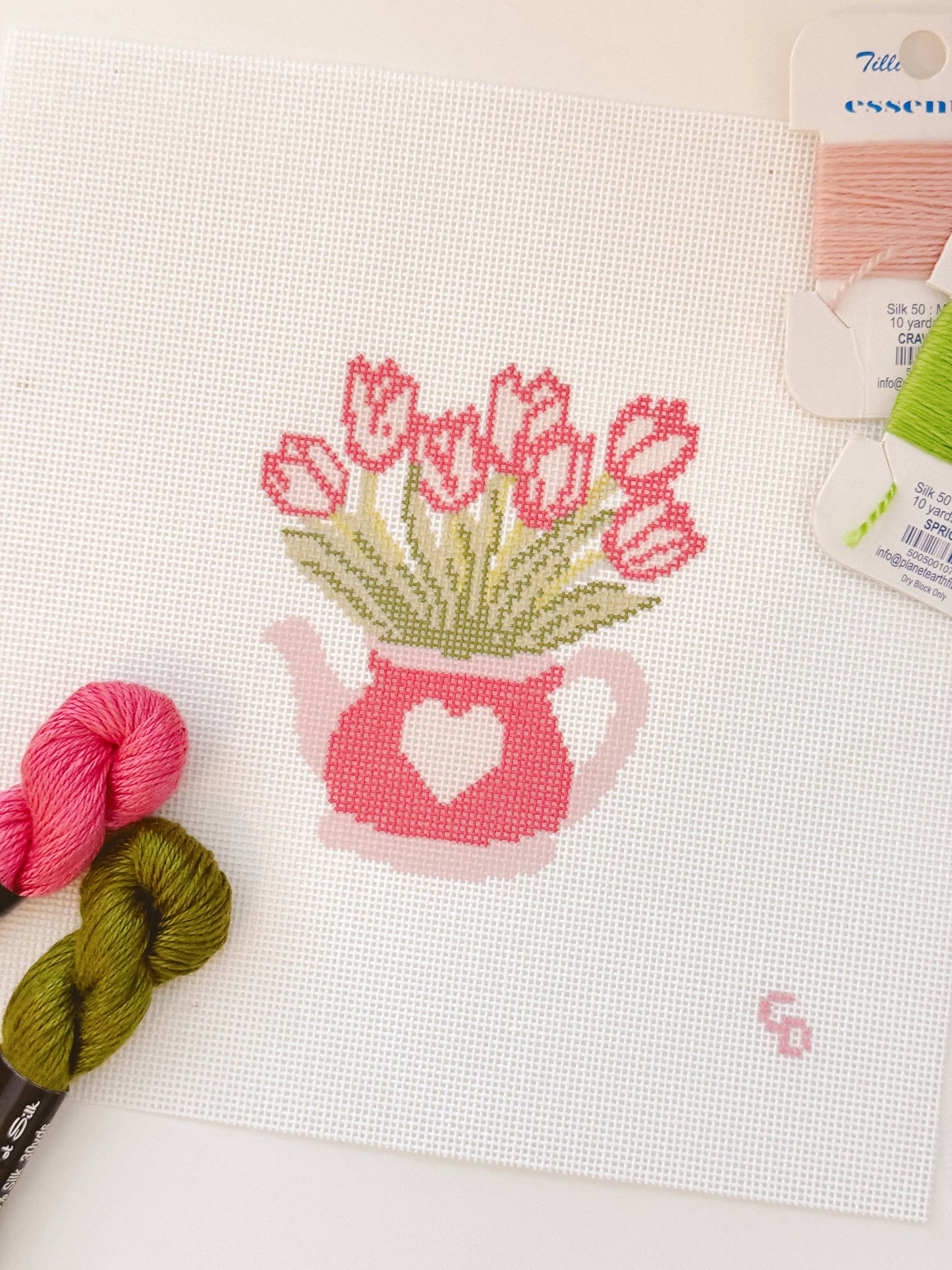 Heart Flower Teapot Needlepoint Canvas, 3”x4"