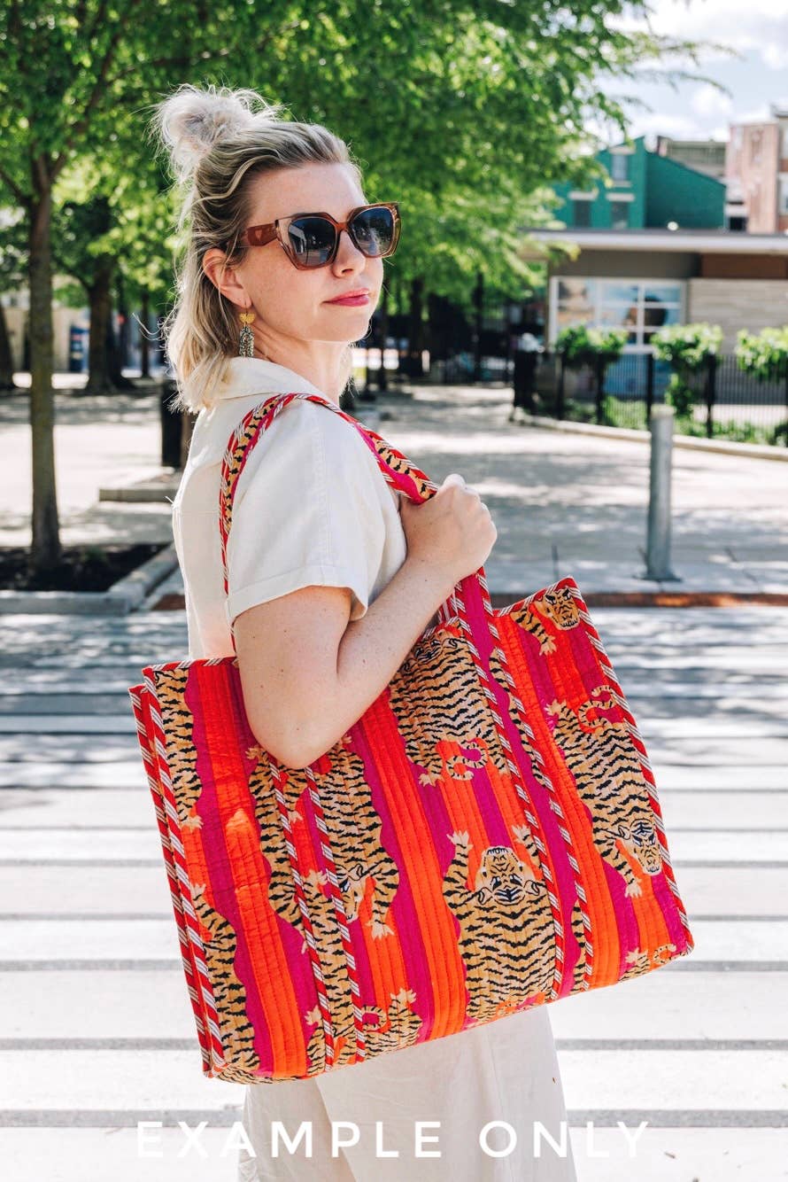 Quilted Tote Bag | Orange Floral Bag | Large Shopping Tote