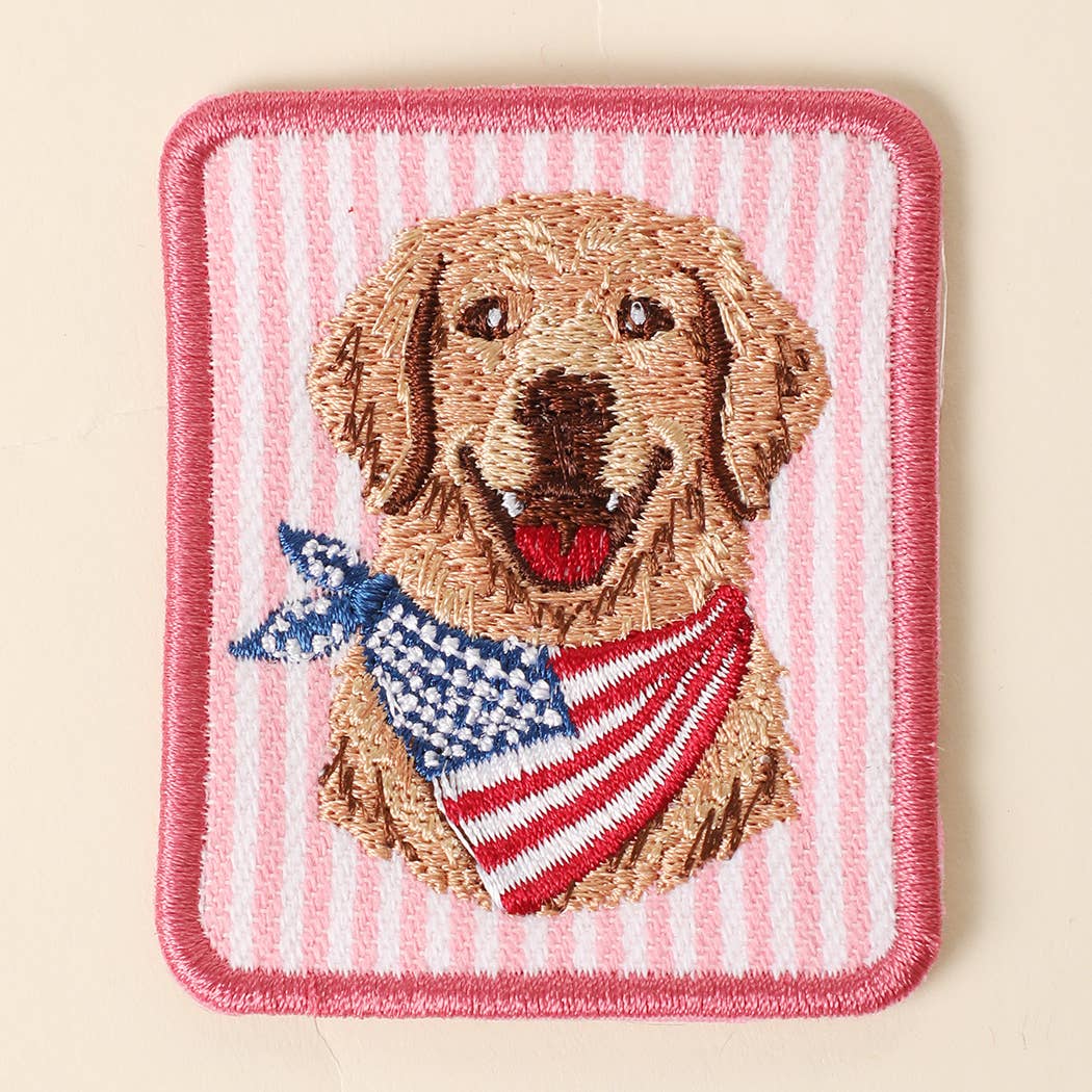 Golden Retriever Flag Embroidered Pink Seersucker Patch