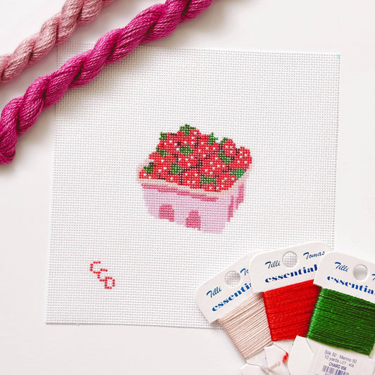 Strawberry Basket Needlepoint Canvas 18 Mesh 4” Design, Summer Strawberries Needlepoint Canvas modern Hand Painted