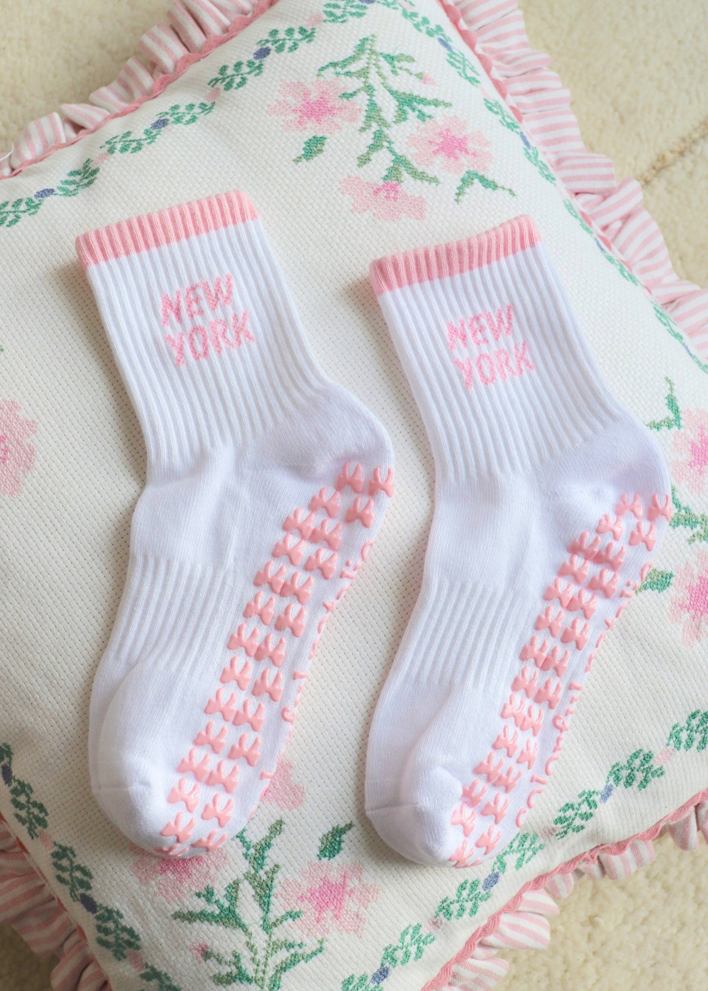 New York Pink Bow Grip Socks