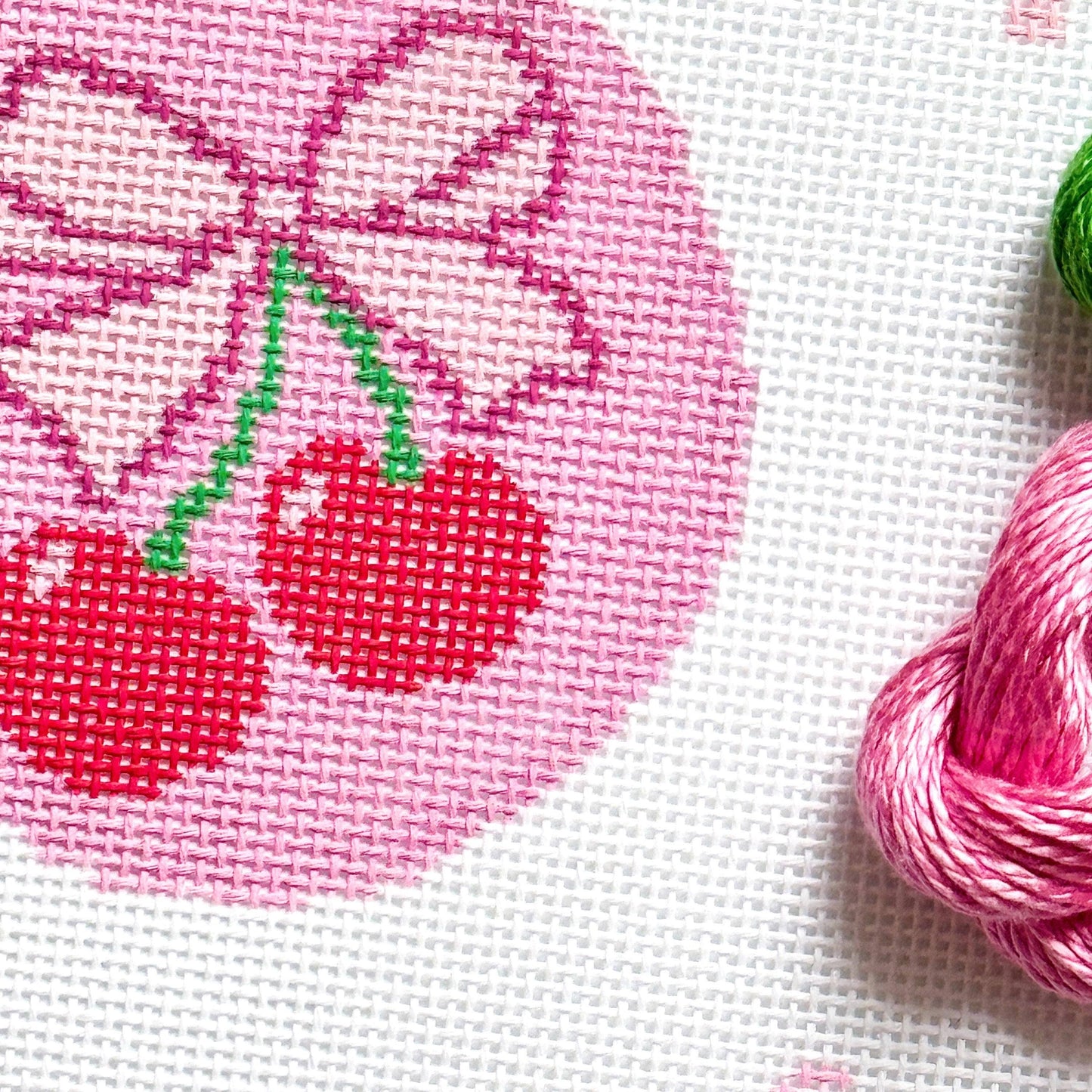 Cherry Bow Needlepoint Canvas, 13 Mesh, Beginner Needlepoint Round, Needlepoint Ornament, Needlepoint Coquette