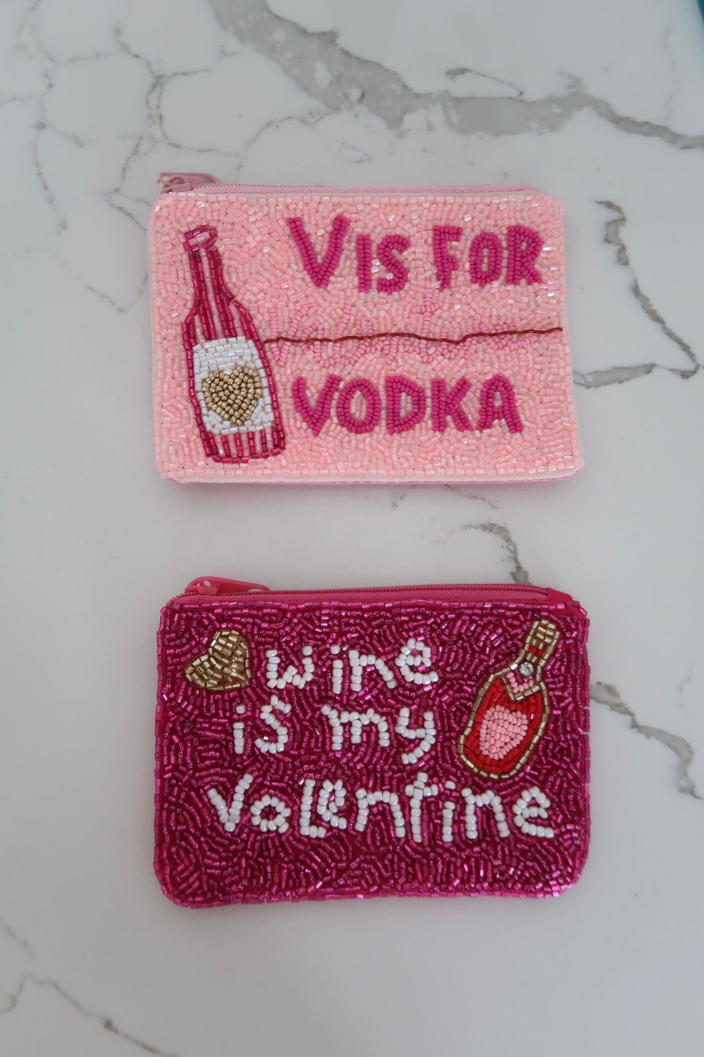 V is for Valentine Beaded Coin Purse / Pouch Pink