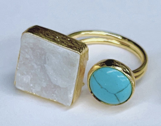 Brass Square White Stone and Turquoise Round Ring