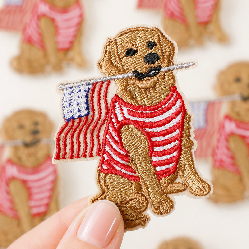 Dog Holding USA Flag Embroidered Patch