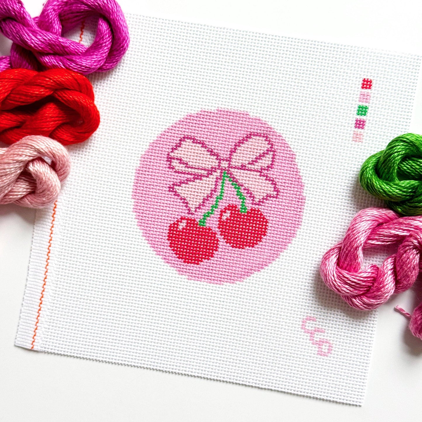 Cherry Bow Needlepoint Canvas, 13 Mesh, Beginner Needlepoint Round, Needlepoint Ornament, Needlepoint Coquette