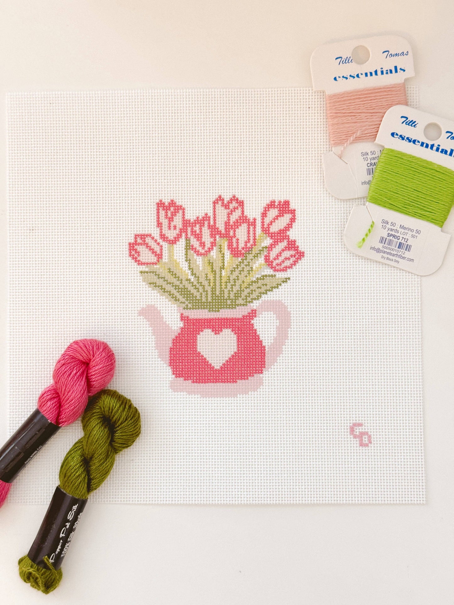 Heart Flower Teapot Needlepoint Canvas, 3”x4"