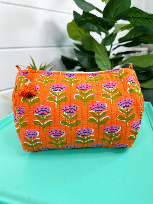 Quilted Makeup Bags | Cosmetic Toiletry Bag | Orange Floral