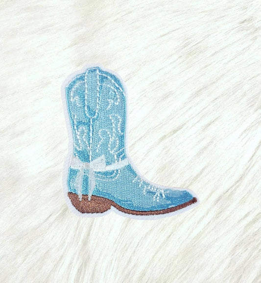 Blue Coastal Cowboy Boot w/ White Bow Iron On Patch