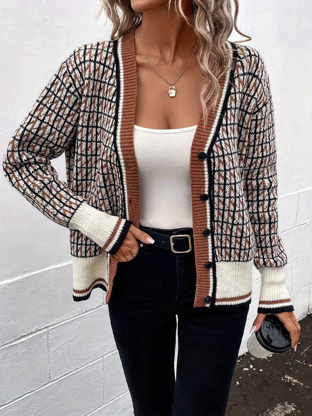 Button front printed knit cardigan