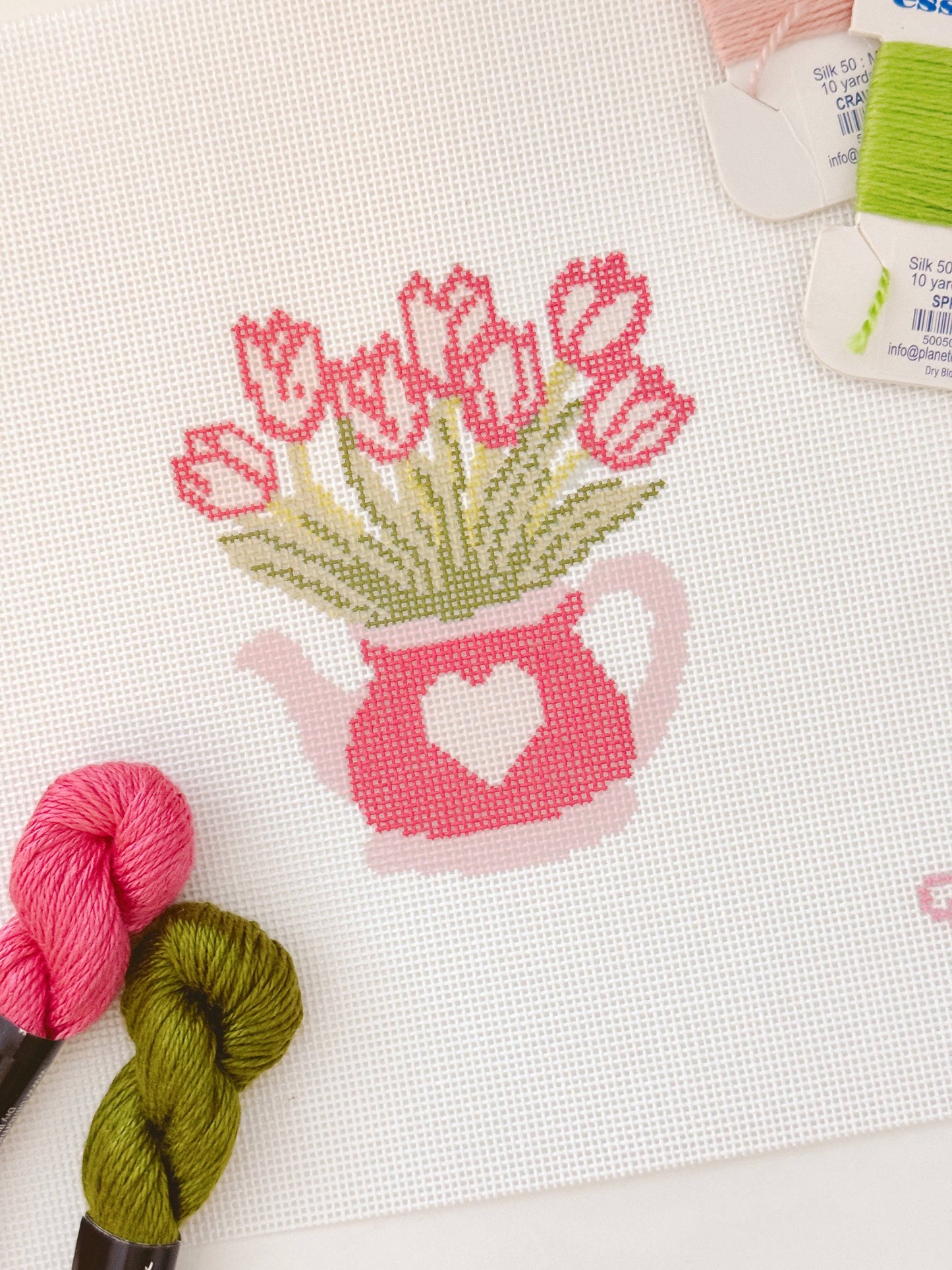 Heart Flower Teapot Needlepoint Canvas, 3”x4"