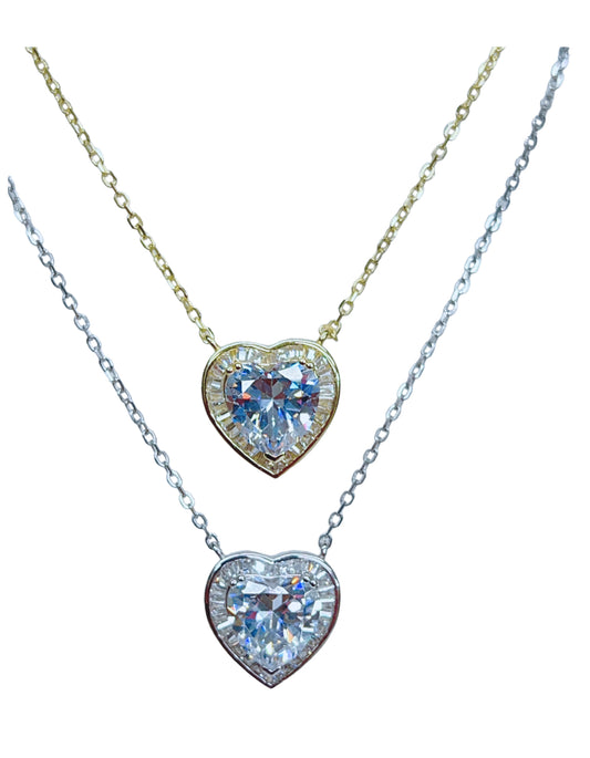 CZ Heart 16" Necklace in Gold or Silver