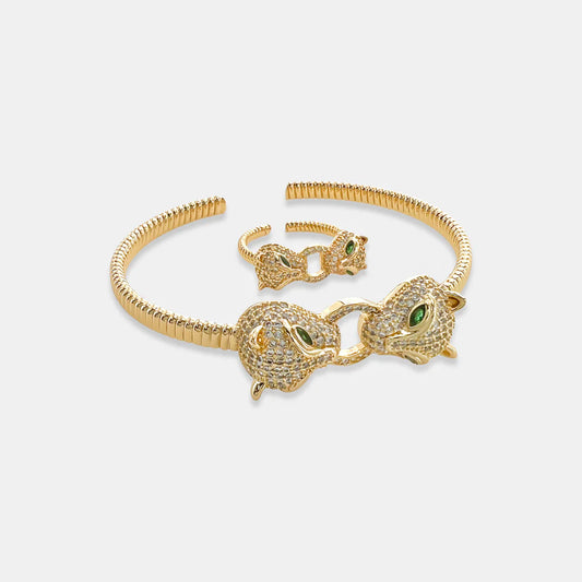 CZ Big Cat Cuff Bracelet & Ring Set in Gold or Silver