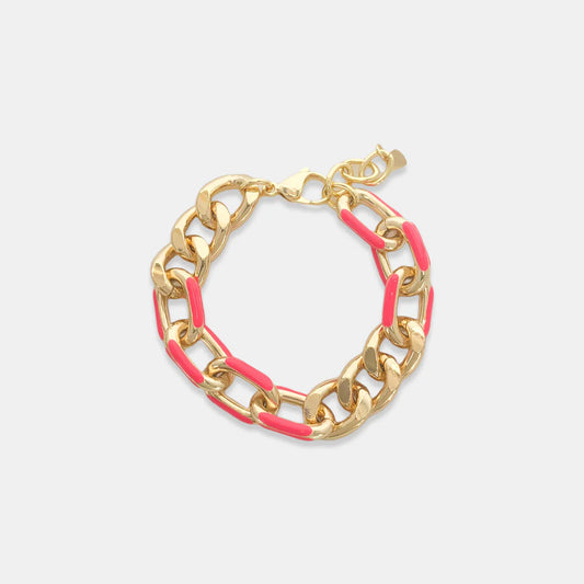 14K Gold Plated Curb Chain with Hot Pink Enamel Paperclip Bracelet