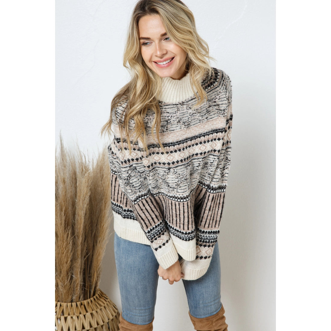 Aztec Pattern Multi Stripe Mock Neck Pullover Sweater