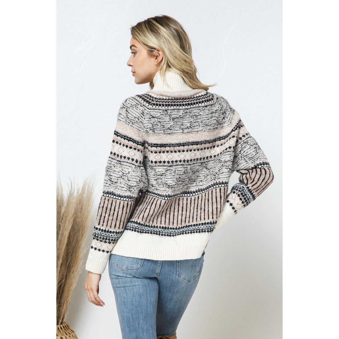 Aztec Pattern Multi Stripe Mock Neck Pullover Sweater