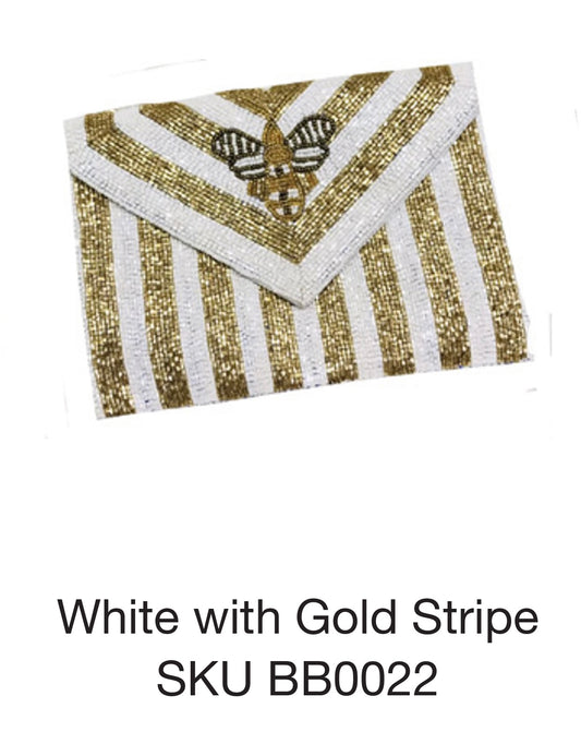 Beaded Bee Crossbody/Clutch In White with Gold Stripe