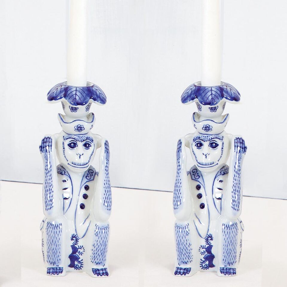 Blue Chinoiseries Monkey Candlestick 2pc Set