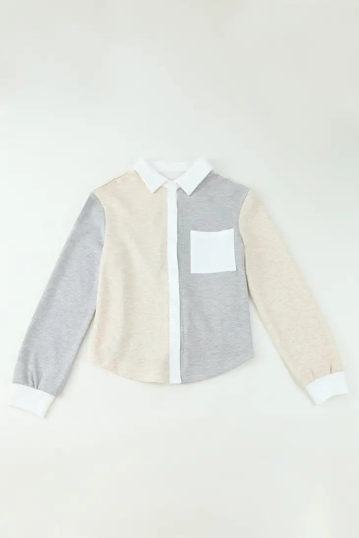 Color Block Curved Hem Shirt - Gray/Cream