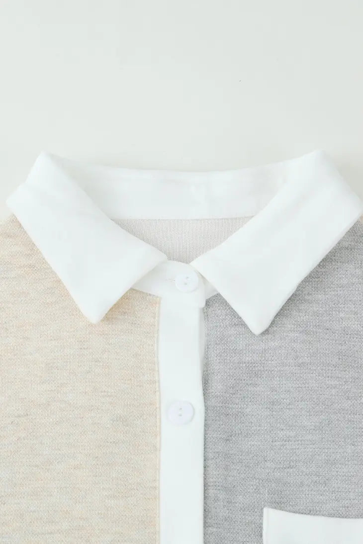 Color Block Curved Hem Shirt - Gray/Cream