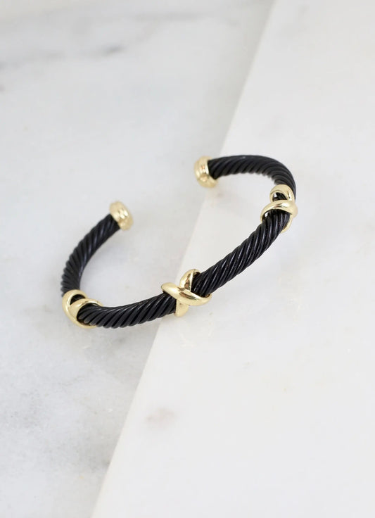 Daphney Cable Bracelet Cuff with X Accents Black